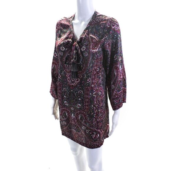 Calypso Saint Barth Womens Silk Paisley Print Long Sleeve Dress Burgundy Size S - Picture 2 of 6